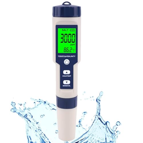 Pool Salt Tester & PH Meter, Digital Salinity Meter and PH Tester for Aquarium and Pool Saltwater Water, 5 in 1 Salinity PH Temp EC and TDS Meter, Aquarium Swimming Pool Hot Tub, High Accuracy