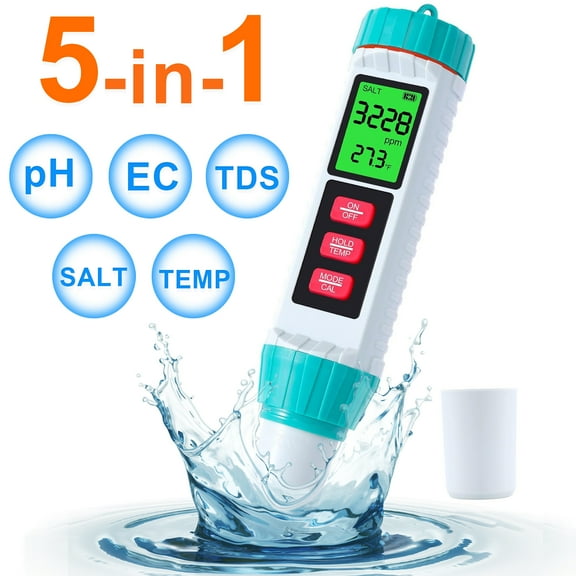 Pool Salt Tester, PH Tester Digital, Water Testing Kit, 5 in 1 PH Meter for Water/Salinity Meter/TDS/EC/Thermometer, Suitable for Drinking Water Swimming Pools Hydroponic Plants Aquariums