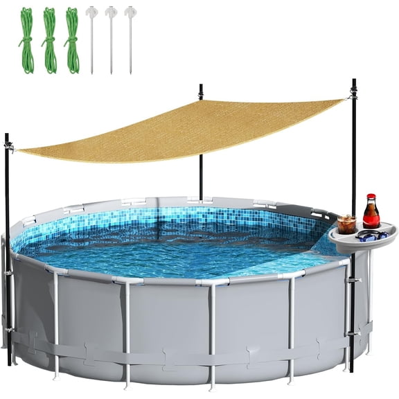 Pool Shade Set for 11-16 Ft Above Ground Pools - UV-Resistant Shade Sail Triangular 10'x10'x10' with Storage Tray, Outdoor Sun Shade Canopy with Poles for Deck, Patio, Garden, Pool Accessories