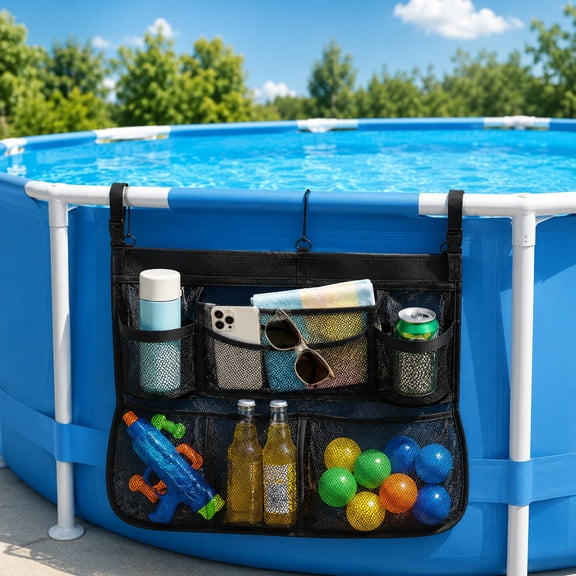 Pool Side Storage Mesh Bag, 24x20 Inch Hanging Pool Organizer for Above Ground Pool Rail, Pool Toy Float Drink Accessory Holder