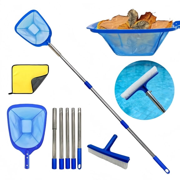 Pool Skimmer for Above Ground Pool Leaf Skimmer Net for Pool 7 Foot 5 Section Stainless Steel Above Ground Pool Kit with Fine Mesh Pool Skimmer Net, Brush and Cloth for Above