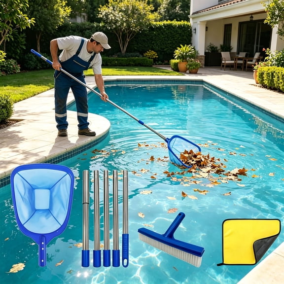 Pool Skimmer with Pole 3-in-1 Pool Cleaning Kit with 78" Adjustable Pole, Semi-Deep Skimmer Net & 10" Brush Maintenance Set for Above Ground Pools