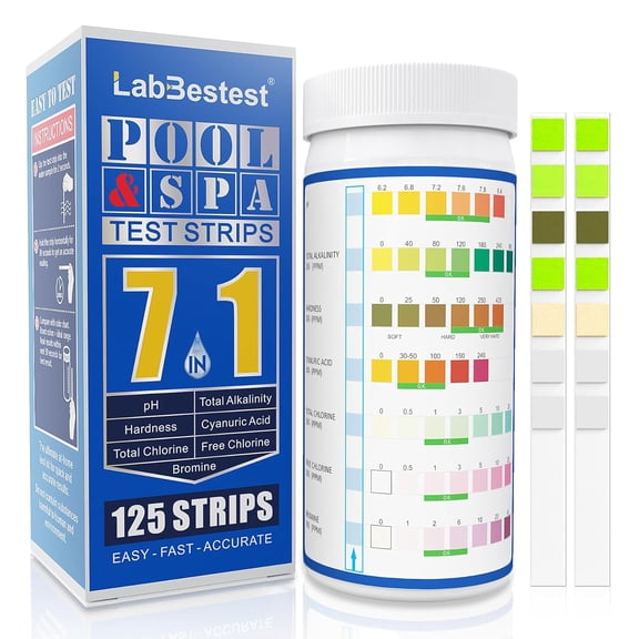 Pool Spa Hot Tub Test Strips - 125 Swimming Water Testing Kit Rapid Accurate Easy to pH, Hardness, Cyanuric Acid, Chlorine, Bromine, and More (7-Way)