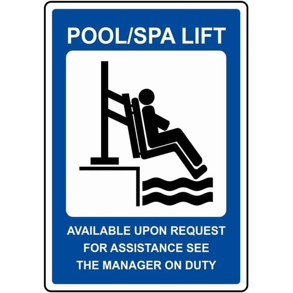 Pool Spa Lift Available Symbol Metal Tin Sign, Safety Warning Plaque for Pool Spa Areas, Accessibility Pool Equipment Sign, 8x12 Inch