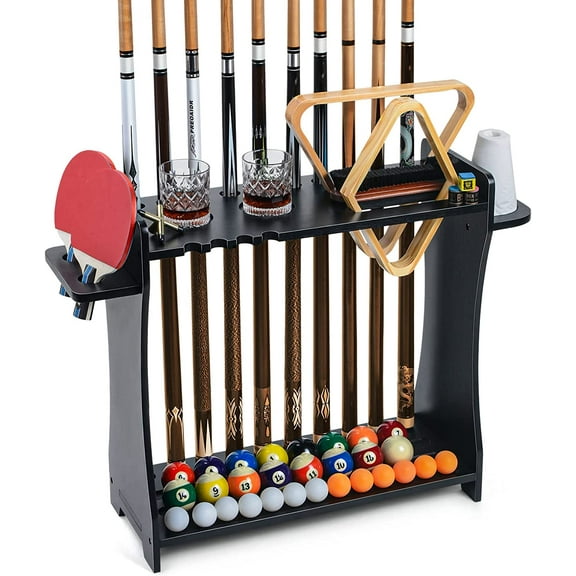Pool Stick Holder Floor Stand, 2-IN-1 Pool Cue Rack & Ping Pong Paddle Holder, 100% Solid Wood Holds 9 Cues Full Set of Balls, Billiards and Table Tennis Accessories for Man Cave, Game Room