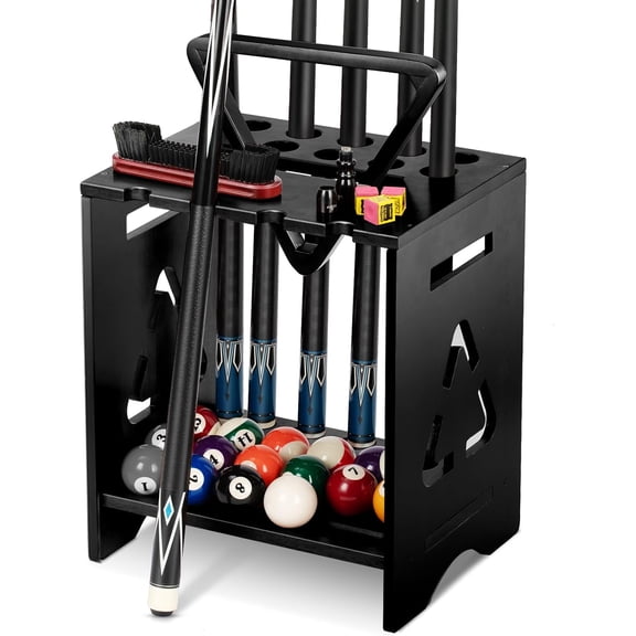 Pool Stick Holder Floor Stand - Hardwood Solid Wood Pool Cue Rack for 10 Cues, Billiard Cue Holder with Pool Table Accessory Organizer for Game Room or Home Bar(black)