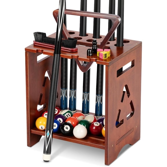 Pool Stick Holder Floor Stand - Hardwood Solid Wood Pool Cue Rack for 10 Cues, Billiard Cue Holder with Pool Table Accessory Organizer for Game Room or Home Bar(brown