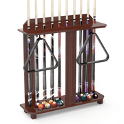 Pool Stick Holder Floor Stand Holds 10 Cues & Pool Table Accessories. Wooden 2-Tier Cue Stick Storage with Ball Rack Hangers, Billiard Cone Chalk Holder