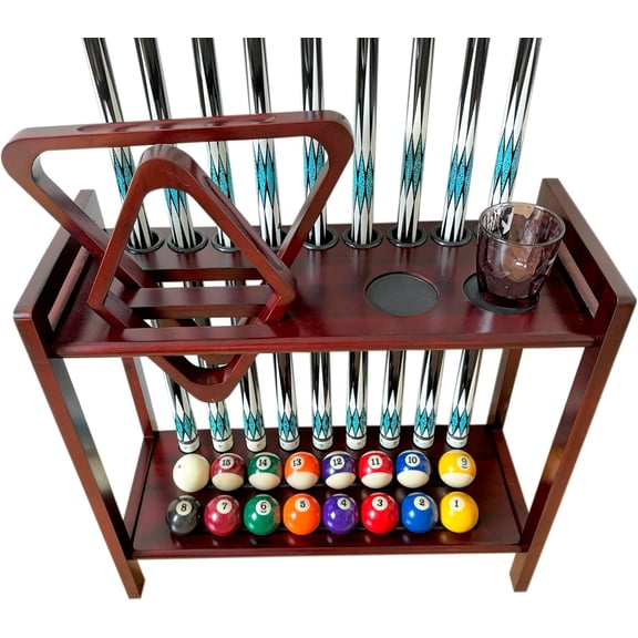 Pool Stick Holder Floor Stand Holds 9 Cues & Pool Table Accessories. Wooden 2-Tier Cue Stick Storage with Ball Rack Hangers, Billiard Cone Chalk Holder or Drink Pads
