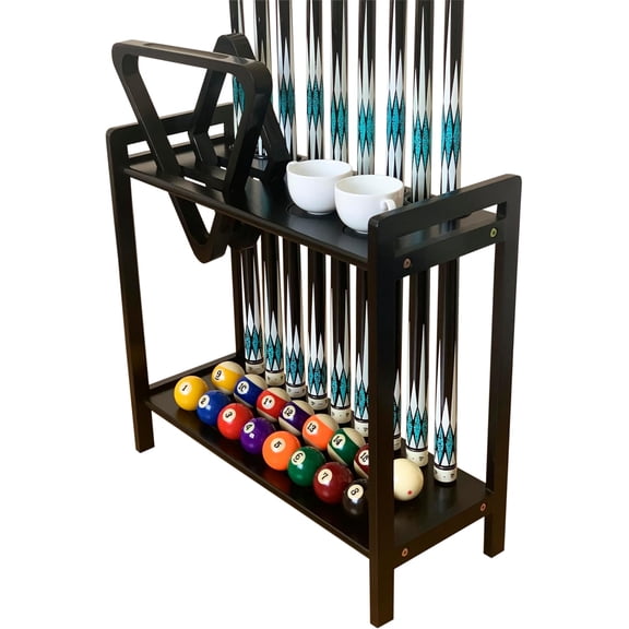 Pool Stick Holder Floor Stand Holds 9 Cues & Pool Table Accessories. Wooden 2-Tier Cue Stick Storage with Ball Rack Hangers, Billiard Cone Chalk Holder or Drink Pads