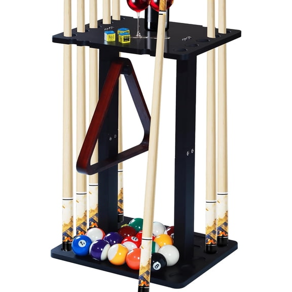Pool Stick Holder with Multiple Storage, Floor-Standing Pool Cue Rack for 10 Cues, Pool Balls and Accessories, Wooden Billiard Equipment Storage Organizer for Billiard Room, Pool Table, or Game Club