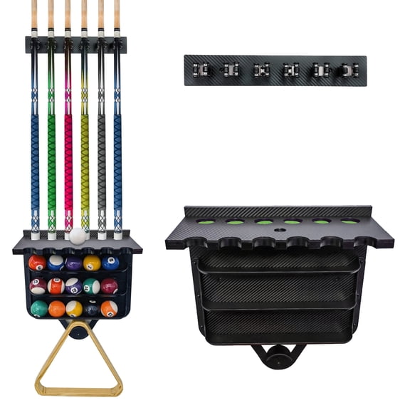Joovon Wall Mount Pool Stick Holder, 6 Cue Rack with Ball Holder, Pool Table Accessory for Game Room