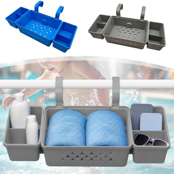Pool Storage Basket,Foldable Hanging Plastic Organizer With Detachable Divided Compartments,Fast Drainage Accessory Rack For Frame Pool Patio Bathroom Rail(Blue)