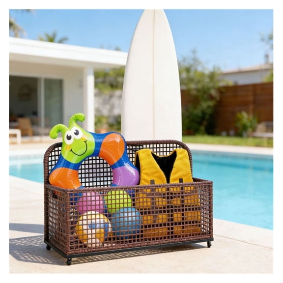 Pool Storage Basket, Outdoor Wicker Storage Cart - Brown PE Rattan & Steel Frame, 43.25" Long, Wheels, Patio Deck Garden Organizer