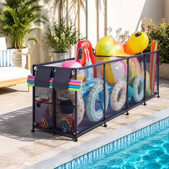 Pool Storage Bin, 103 x 32 x 35 in Blue Mesh Steel Basket, Rolling Pool Float Storage Organizer with Side Pockets and Noodle Holder