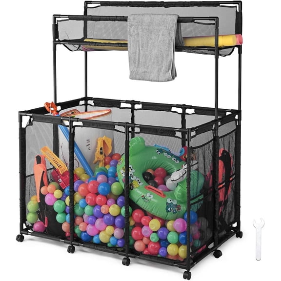 Pool Storage Bin, 2 Layers Rolling Cart, Pool Side Mesh Container, Indoor & Outdoor Ball Basket, Metal Frame Pool Float Storage Organizer for Playroom or Goggle Balls(Black - 2layers)