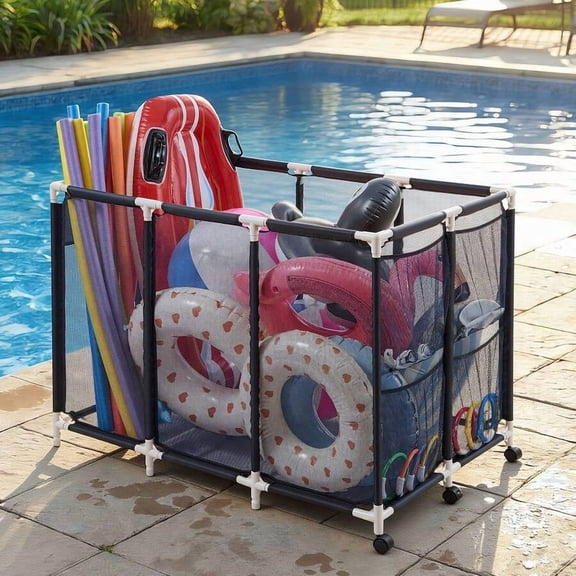 Pool Storage Bin, 69 X 32 X 35 In, Rolling Pool Float Storage Organizer With Side Pockets & Noodles Holder, Durable Metal Frame, Poolside Toys Breathable Mesh Basket For Swimming Pools