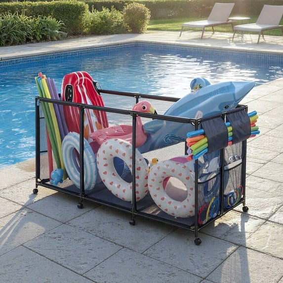 Pool Storage Bin, 69 X 32 X 35 In, Rolling Pool Float Storage Organizer With Side Pockets & Noodles Holder, Durable Metal Frame, Poolside Toys Breathable Mesh Basket For Swimming Pools