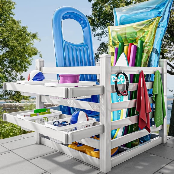 Pool Storage Bins with Towel Rack & 6 Moveable Hooks, Large Pool Noodle Holder Organizer, Outdoor Waterproof Poolside Float Storage for Goggles, Beach Balls, Floats Equipment