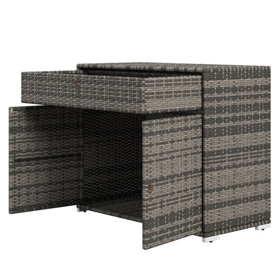 Pool Storage Cabinet Outdoor, PE Wicker Organizer with Drawer - Gray Swimming Pool Towel Rack for Patio, Deck, Backyard