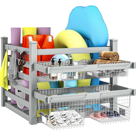 Pool Storage Organizer with 6 Adjustable Hooks, Large Pool Float Holder & Noodle Storage Rack, Outdoor Waterproof Pool Equipment Organizer for Floats, Goggles, and Beach Balls, Light Gray