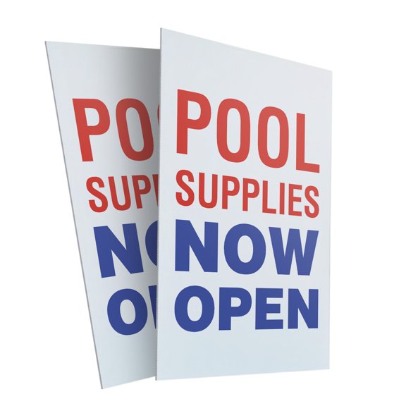 Pool Supplies Now Open (2-Pack) 24 Inch x 36 Inch Plastic Signs | Sign Insert 4mm Corrugated Plastic Signs Storefront Window Poster | Swimming Accessories, Pool Chemicals, Grand Opening