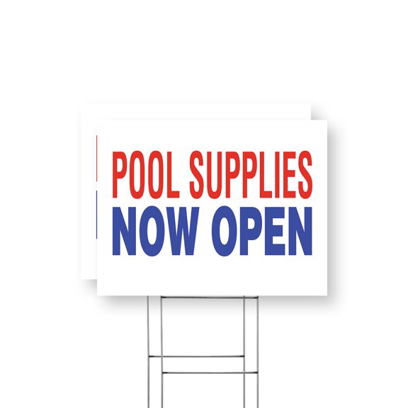 Pool Supplies Now Open Yard Sign 2 Pack of 18 Inch x 24 Inch Single Sided Weatherproof Heavy-Duty Plastic with Stake | Swimming Accessories, Pool Chemicals, Grand Opening | Made in USA