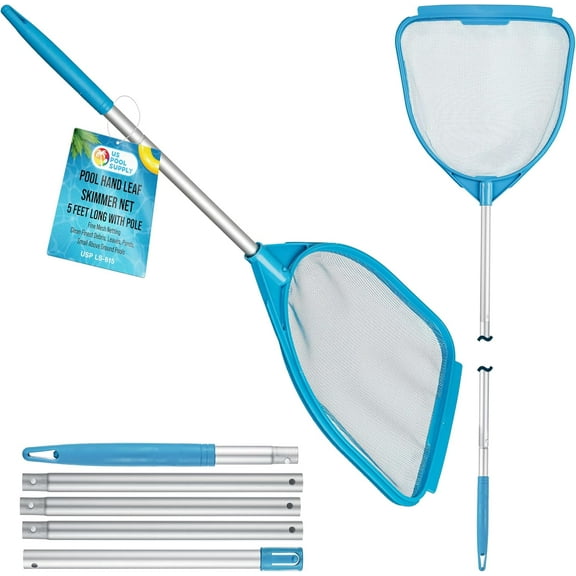Pool Supply Pool and Spa Skimmer Net with Pole, Handheld Fine Mesh Pool Skimmer Net - Hand Held Spa, Hot Tub, Pond Cleaning - Step-Up 32" to 5 Feet Long, Leaf Netting, Scoop Skim Leaves & Debris