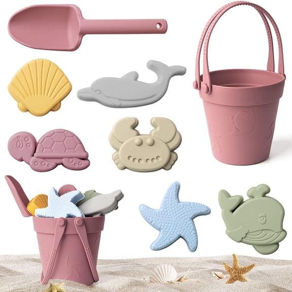 Pool Swim Beach Sand Silicone Bucket Beach Plaything Set with Shovel Soft Foldable for Pool Sand Swimming Pool Water Games Vermilion