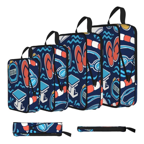 Pool Swim Icon Pattern 4-Set Compression Packing Cubes, Expandable Travel Organizer Bags, Luggage Packing Organizers, S M L XL