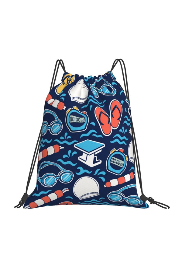 Pool Swim Icon Pattern Large Drawstring Backpack Casual Cinch Sack Bag Backpack for Sports Hiking Travel Gym