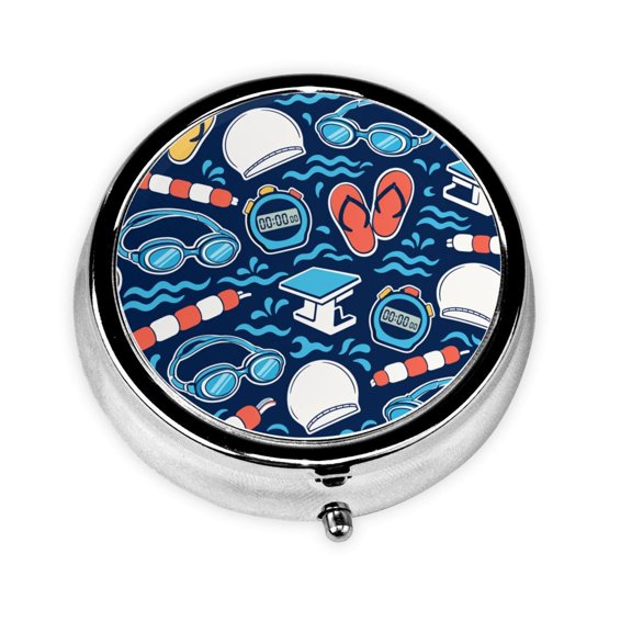 Pool Swim Icon Pattern Mini Round Pill Box Portable Small Pill Case Organizer with 3 Compartments for Pocket Purse