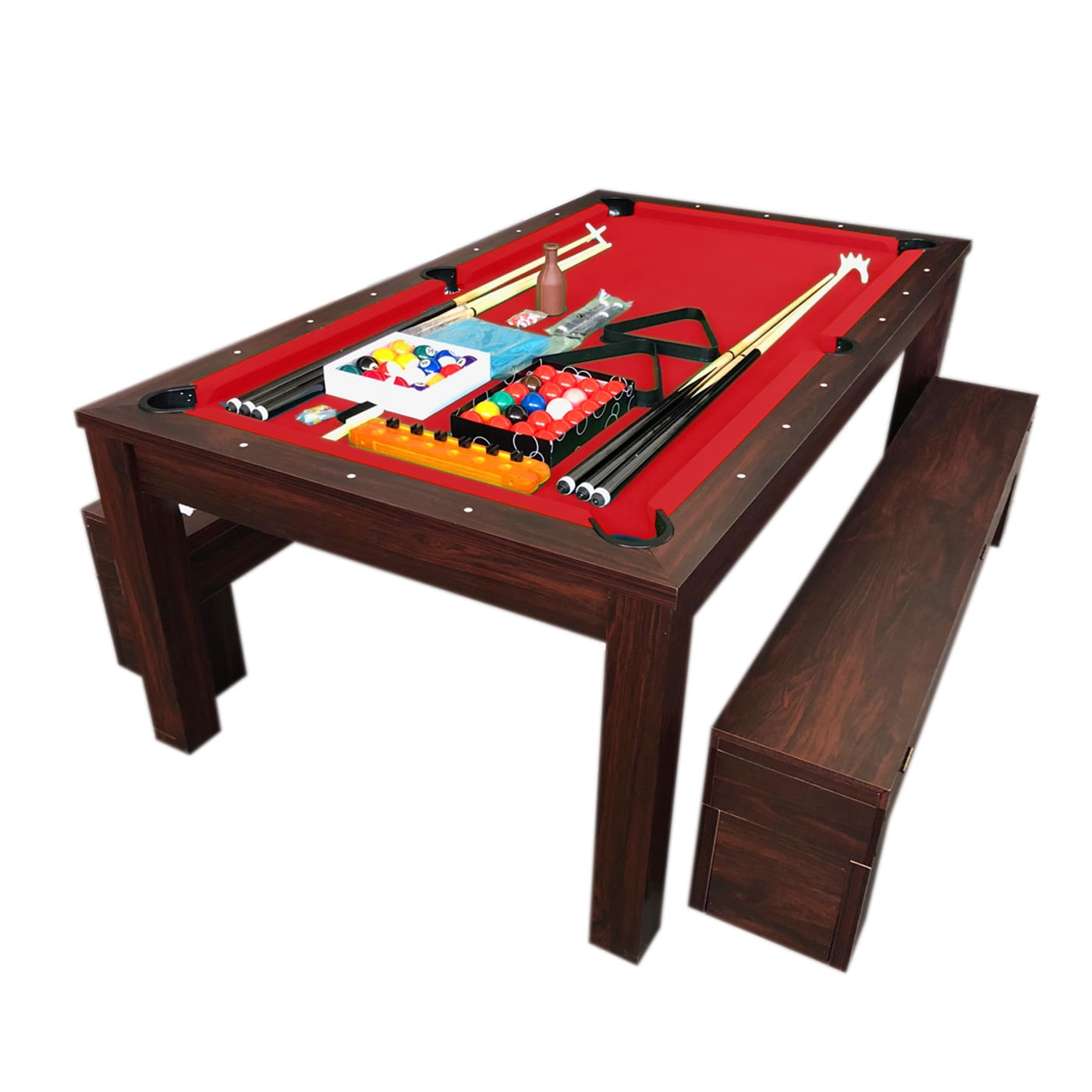 7' Cherry Wood Pool Table with Red Felt and Benches