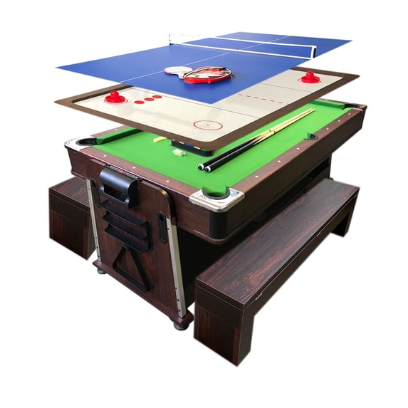 Pool Table 7FT Multigame + Air Hockey + Table Tennis + Table Top – Mattew with Benches
