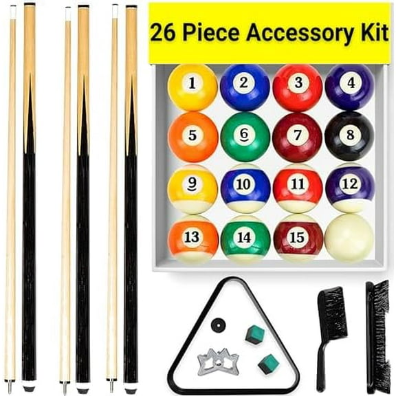 Pool Table Accessories Including Billiard Balls, Pool Cues, Chalk, 8 Ball Triangle, Pool Table Brush - 26 Piece Billiard Accessories Set$$Sport & Recreation Other