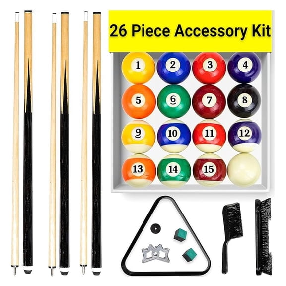 Pool Table Accessories Including Billiard Balls, Pool Cues, Chalk, 8 Ball Triangle, Pool Table Brush - 26 Piece Billiard Accessories Set
