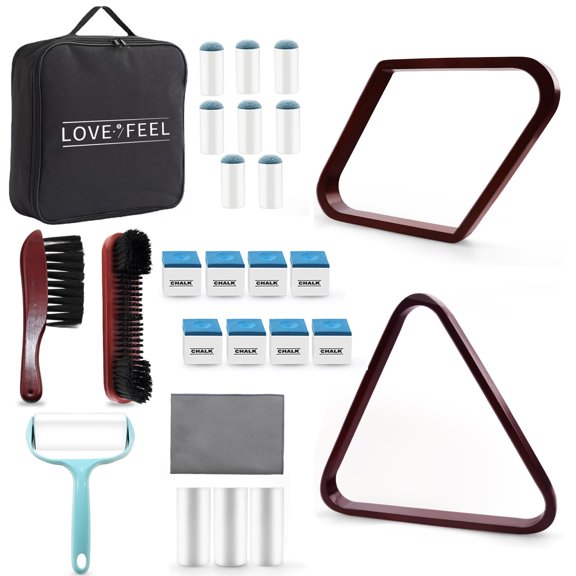 Pool Table Accessories Kit Wooden Billiard Rack Triangle Diamond Brush Chalk Cue Tips 22 Piece