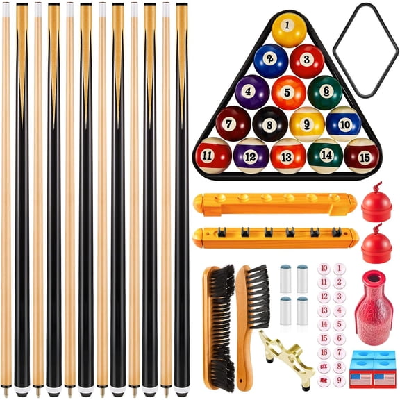 Pool Table Accessories Set with 6 Cue Sticks, 16 Billiard Balls, Triangle & Diamond Racks, Cue Chalk, Tip Tool, Brushes, Score Holder for Tabletop Billiards Games