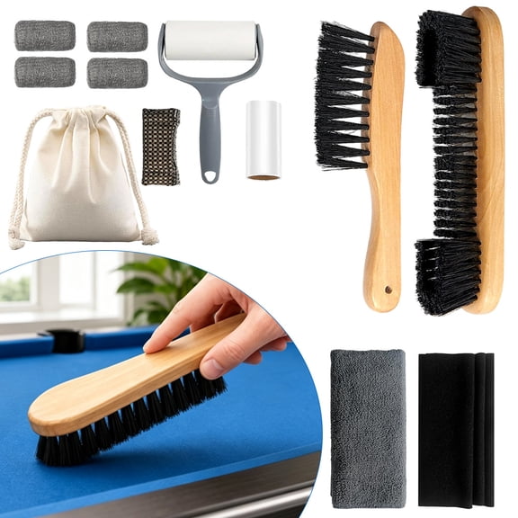 Pool Table Brush Set for Felt, 12 Kit Billiard Table Cleaning Accessories with Pool Table Brush, Rail Brush, Polish Cloths, Sticky Lint Roller, Storage Bag