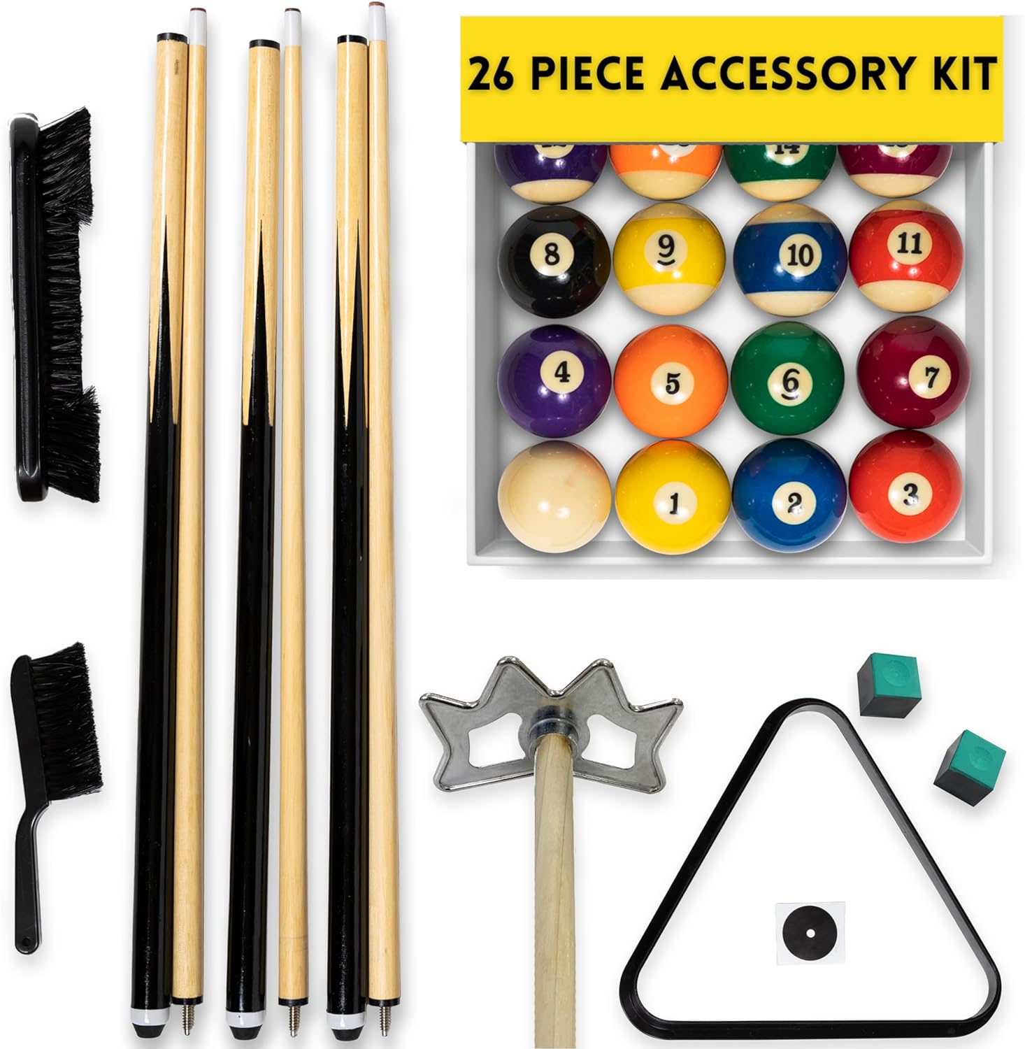 Pool Table Kit Including Pool Billiard Set, 16 Billiard , 3 Pool Cues
