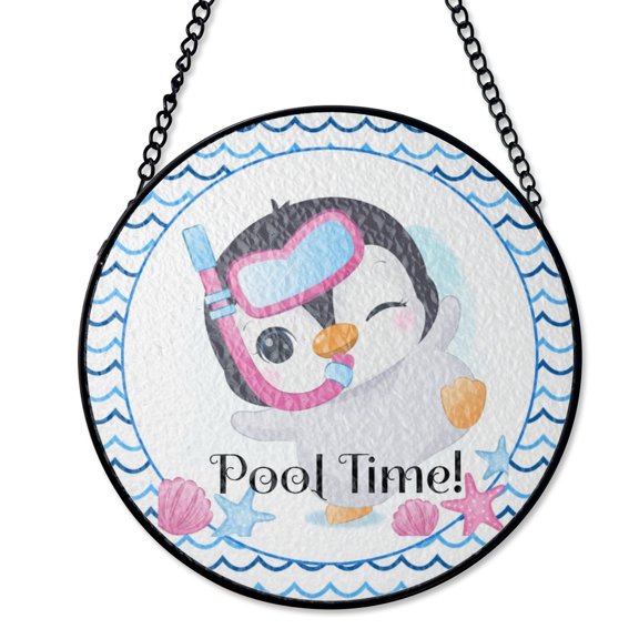 Pool Time Penguin Suncatcher Stained Glass Style UV Printed Glass Summer Fun Decor Round
