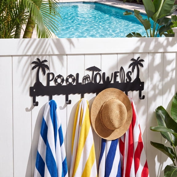 FAJHHA Outdoor Pool Towel Rack Large Pool Towel Rack (16 Inch) Outdoor Wall Mounted for Towels Towel Rack with 10 Hooks, Black