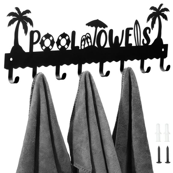 Pool Towel Rack - 2-in-1 Outdoor Poolside Beach Washcloth Drying Rack Holder, Wall Mounted Metal Hooks Decor for Bath Towel Storage, Robe Swimsuit, Coat, Bags, Phone, Keys - Black