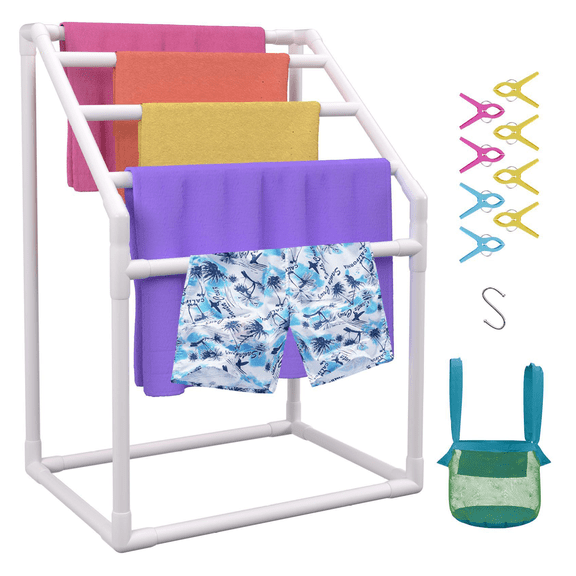 Pool Towel Rack 5 Bar, Freestanding White PVC Outdoor Organizer for Beach & Pool, w/ Clips & Bag