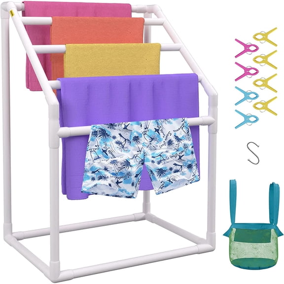 Pool Towel Rack, 5 Bar, White, Freestanding Outdoor PVC Trapedozal Poolside Storage Organizer, Include 8 Towel Clips, Mesh Bag, Hook, Also Stores Floats and Paddles, for Beach, Swimming Pool
