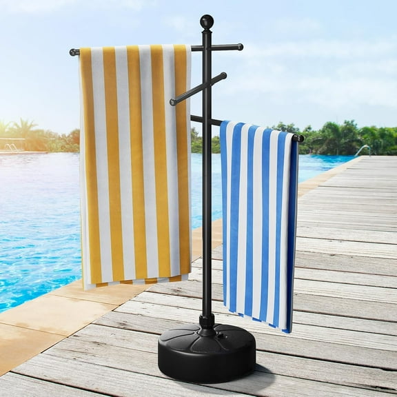 Pool Towel Rack Outdoor, 59" Outdoor Towel Rack with 3 Adjustable Bars, Pool Towel Holder with Weighted Base, Freestanding Towel Dying Rack Towel Stand for Poolside, Spa, Hot Tub, Black