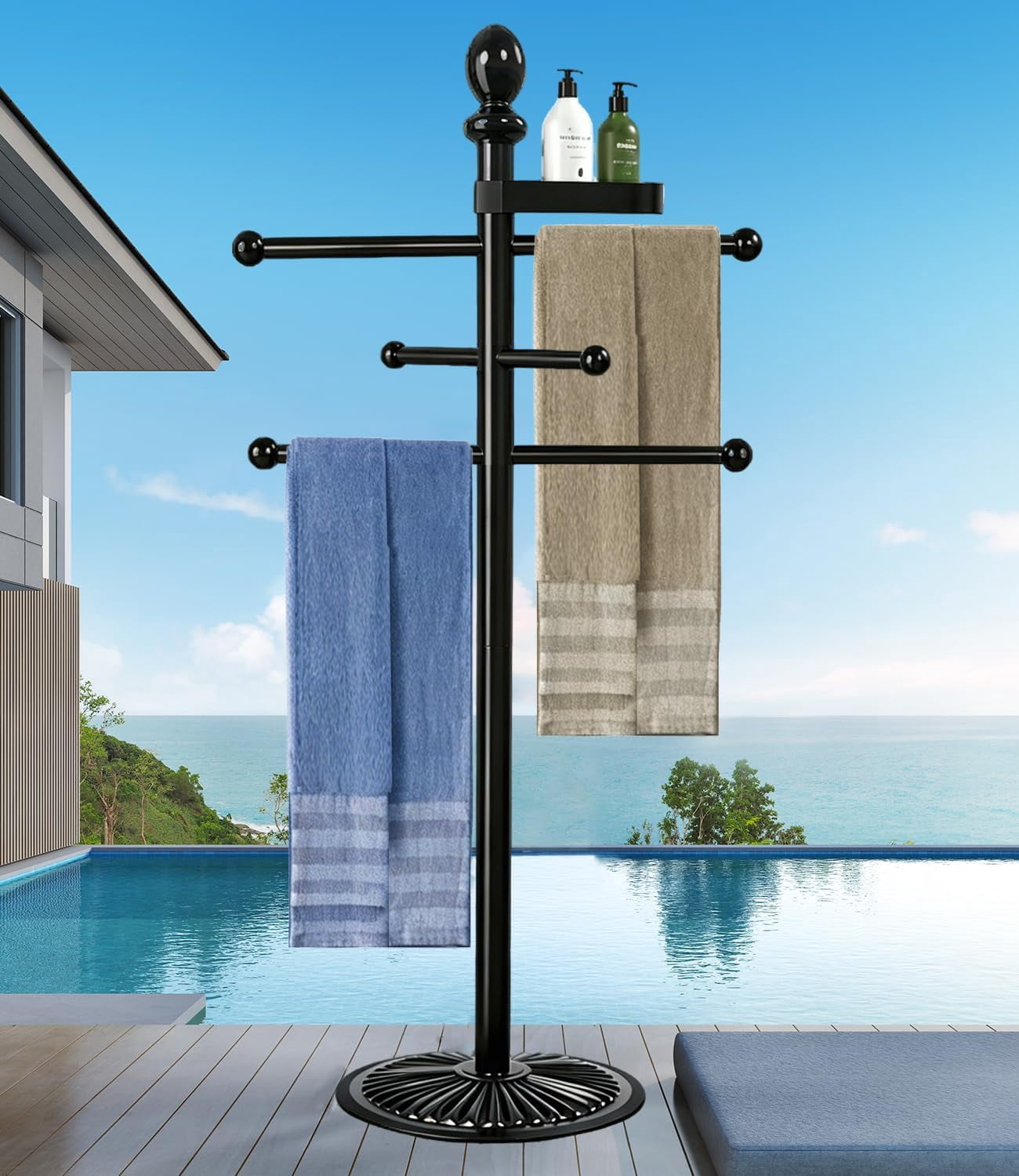 Frontgate Pool Towel Rack Pool Towel Rack Outdoor, 6-Bar Metal Towel Stand with Top Tray & Heavy ...