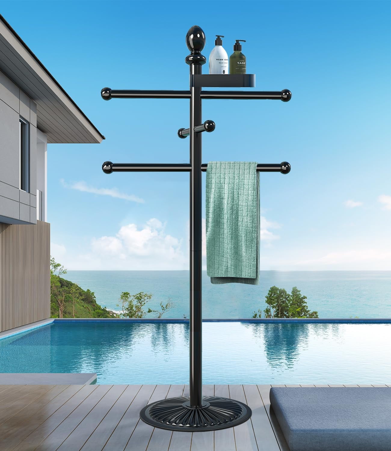 Pool Outdoor Towel Rack, 6 Bars with Top Tray Metal Heavy Duty Pool Accessories with Heavy Metal Base, Hot Tub Accessories Towel Dying Rack Towel Stand for Pool, Hot Tub etc