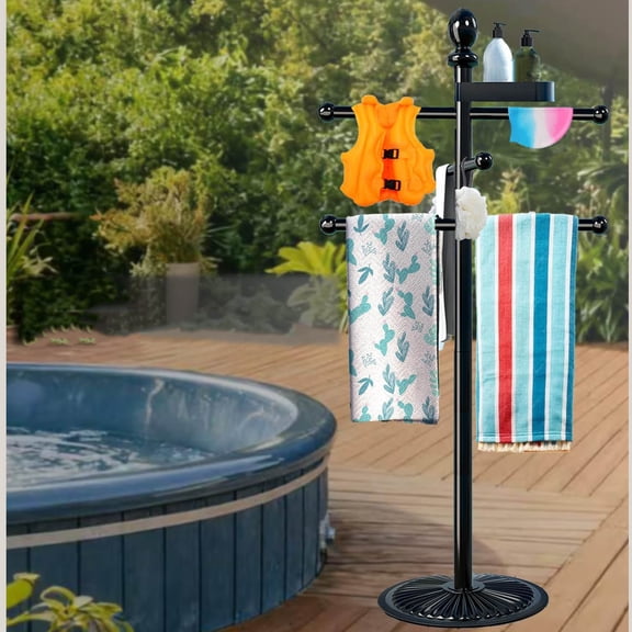 Pool Towel Rack Outdoor, Metal Heavy Duty Never Tilt with Top Tray and Base