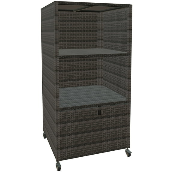 Pool Towel Rack Outdoor, Waterproof PE Plastic Rattan Wicker Pool Storage Bins Storage Cabinet Organizer, Poolside Towel Caddy with Rolling Wheels for Hot Tub Spa Accessories,Brown